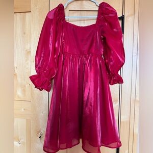 Entro Shiny Red Puff-Sleeve Formal Dress